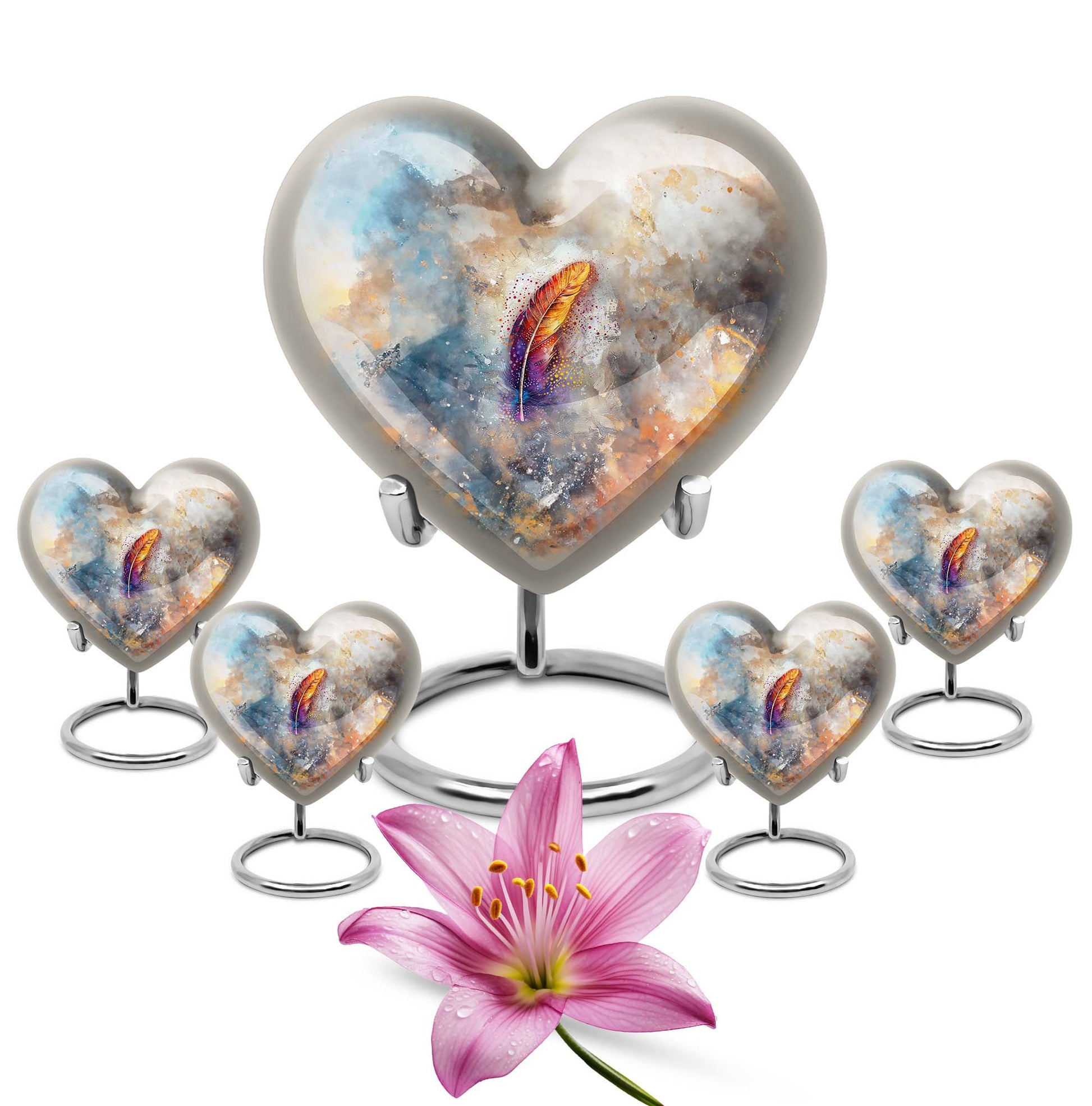 Purple Meadow heart-themed feather urn