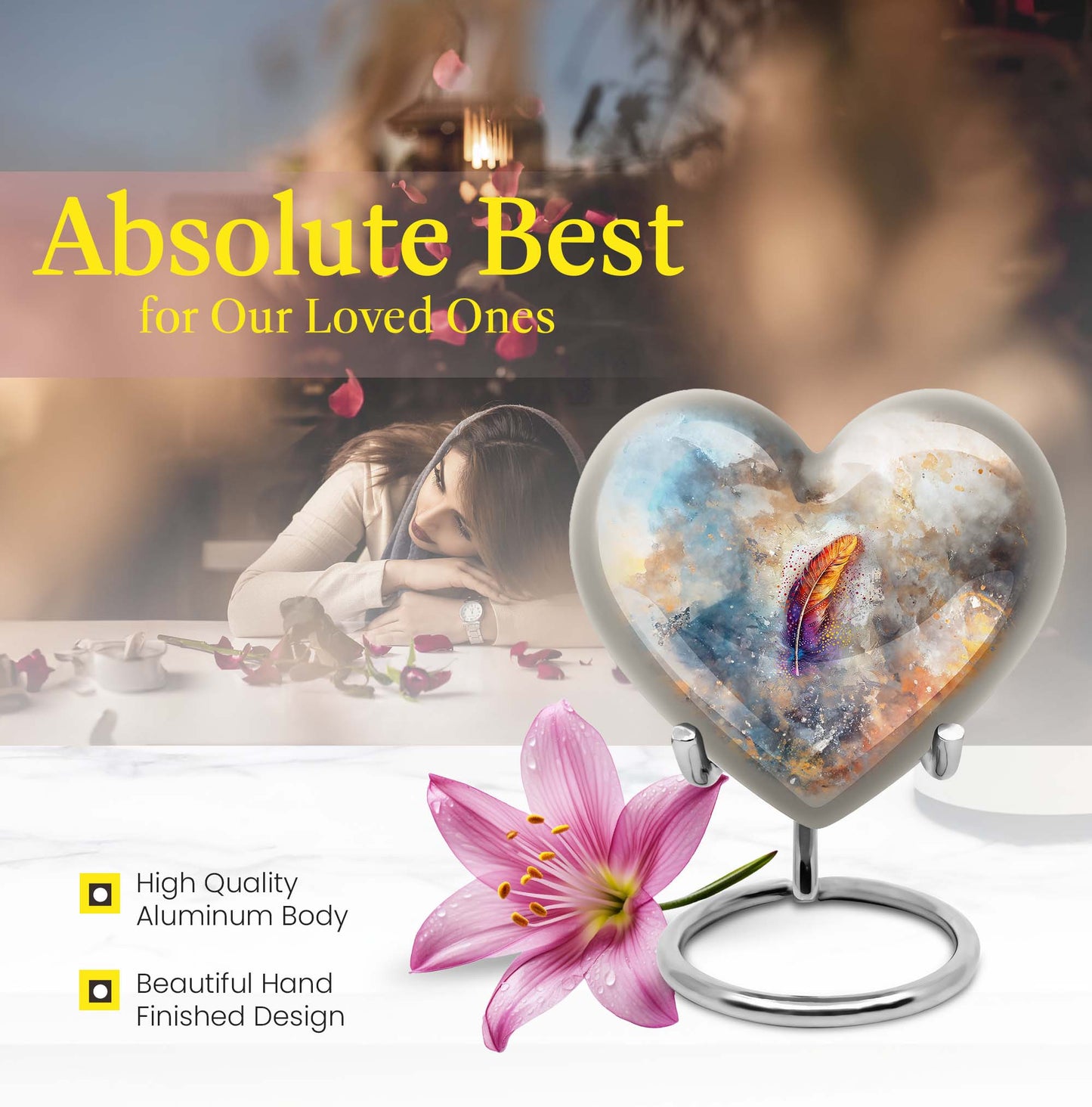 Purple Meadow heart-themed feather urn