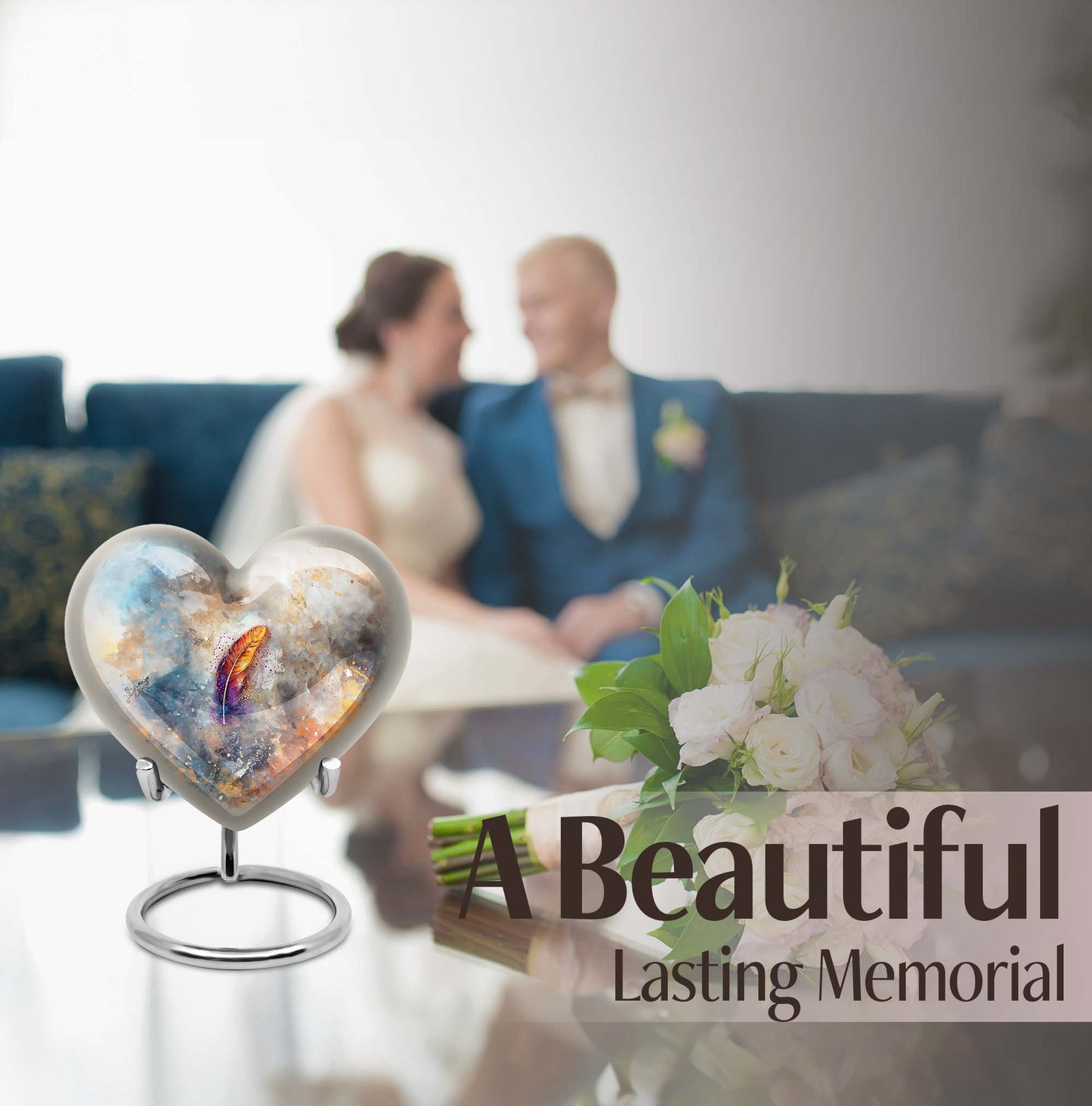 Purple Meadow heart-themed feather urn