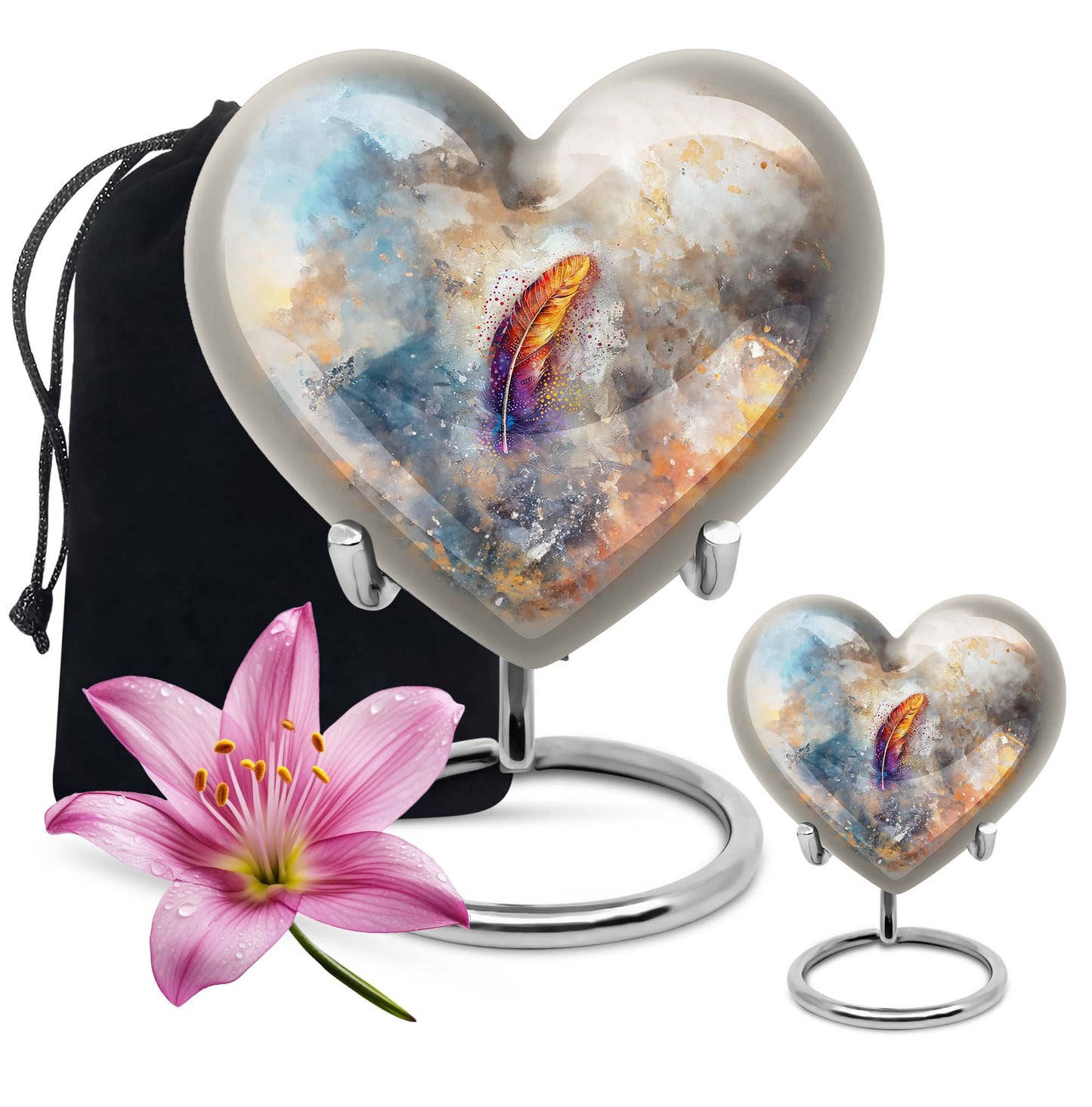 Purple Meadow heart-themed feather urn
