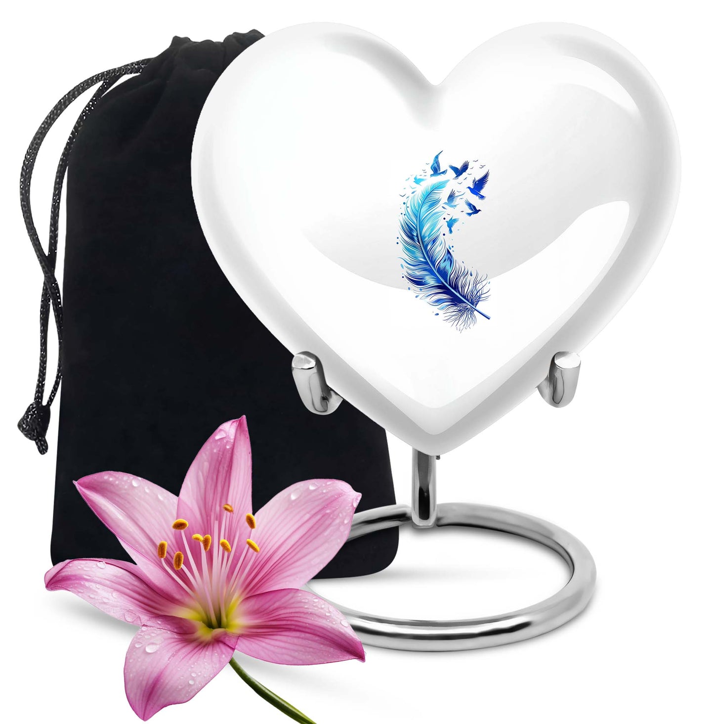 Blue Personalized Feather Cremation Urn for Women - 10-inch, 200 cu in - Yatskia
