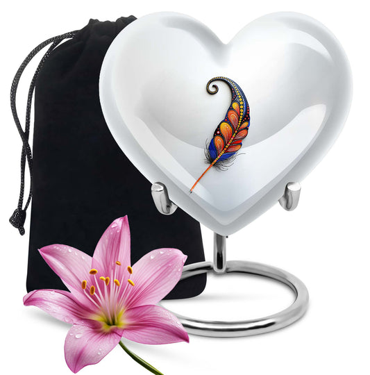 10 inch Purple Meadow heart feather urn for human ashes, customizable with names