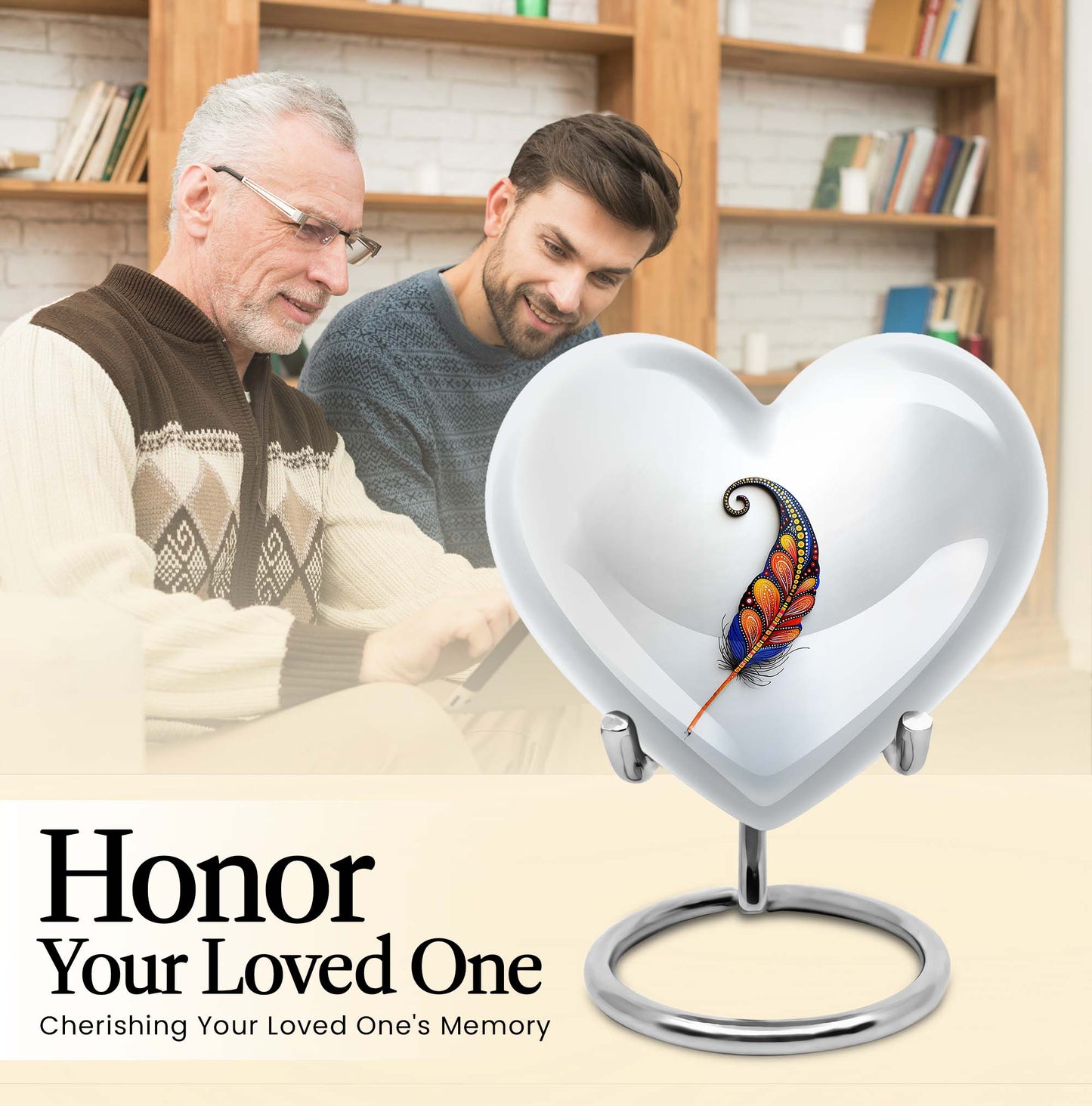 10 inch Purple Meadow heart feather urn for human ashes, customizable with names