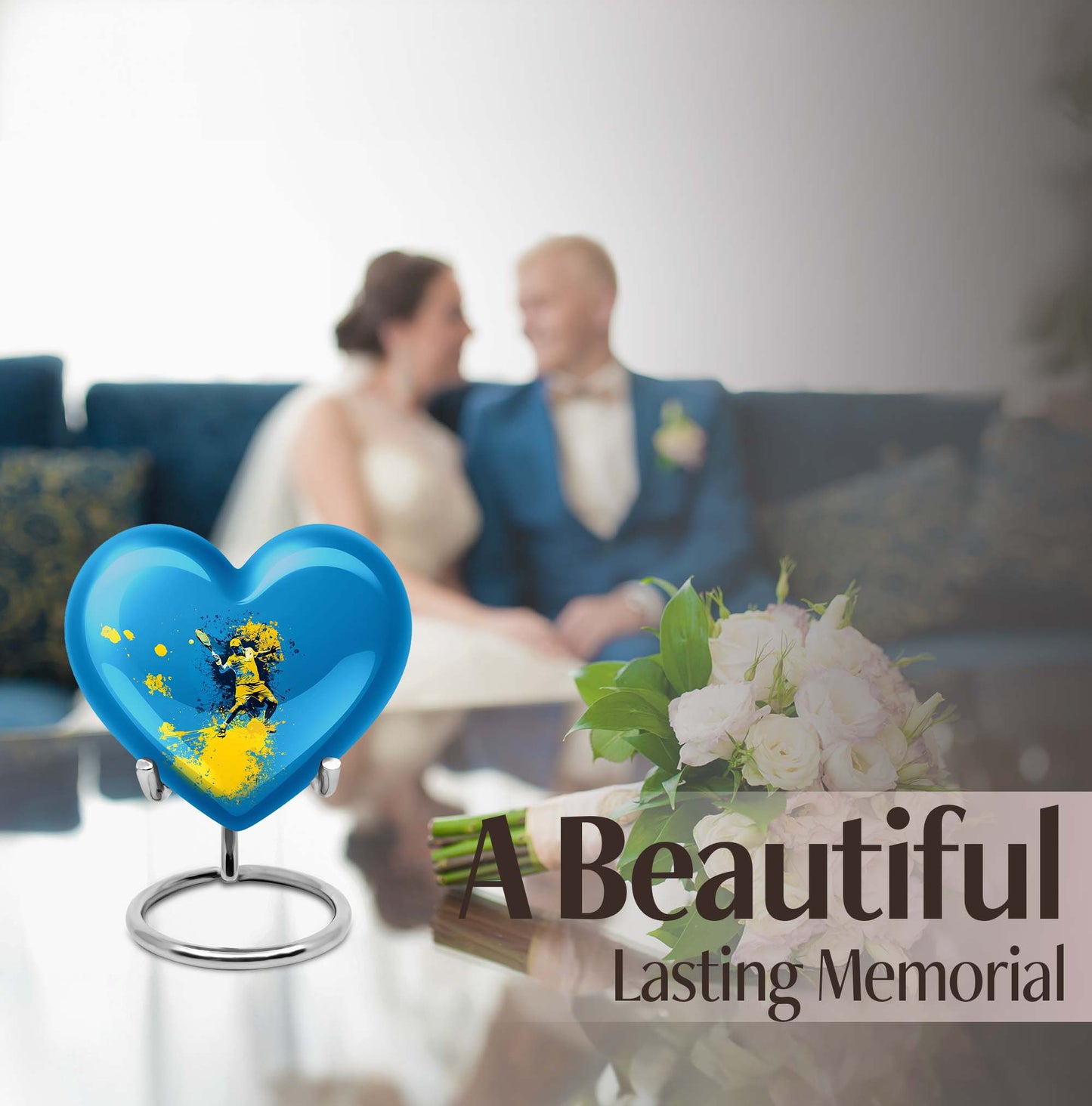 Heart-shaped Tennis Urn, Purple Meadow themed memorial urn