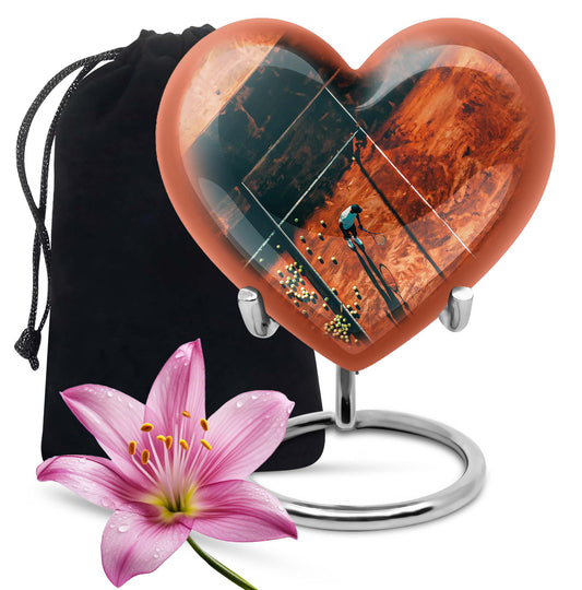 10-inch Purple Meadow themed Heart Tennis Urn for human cremation, includes velvet pouch