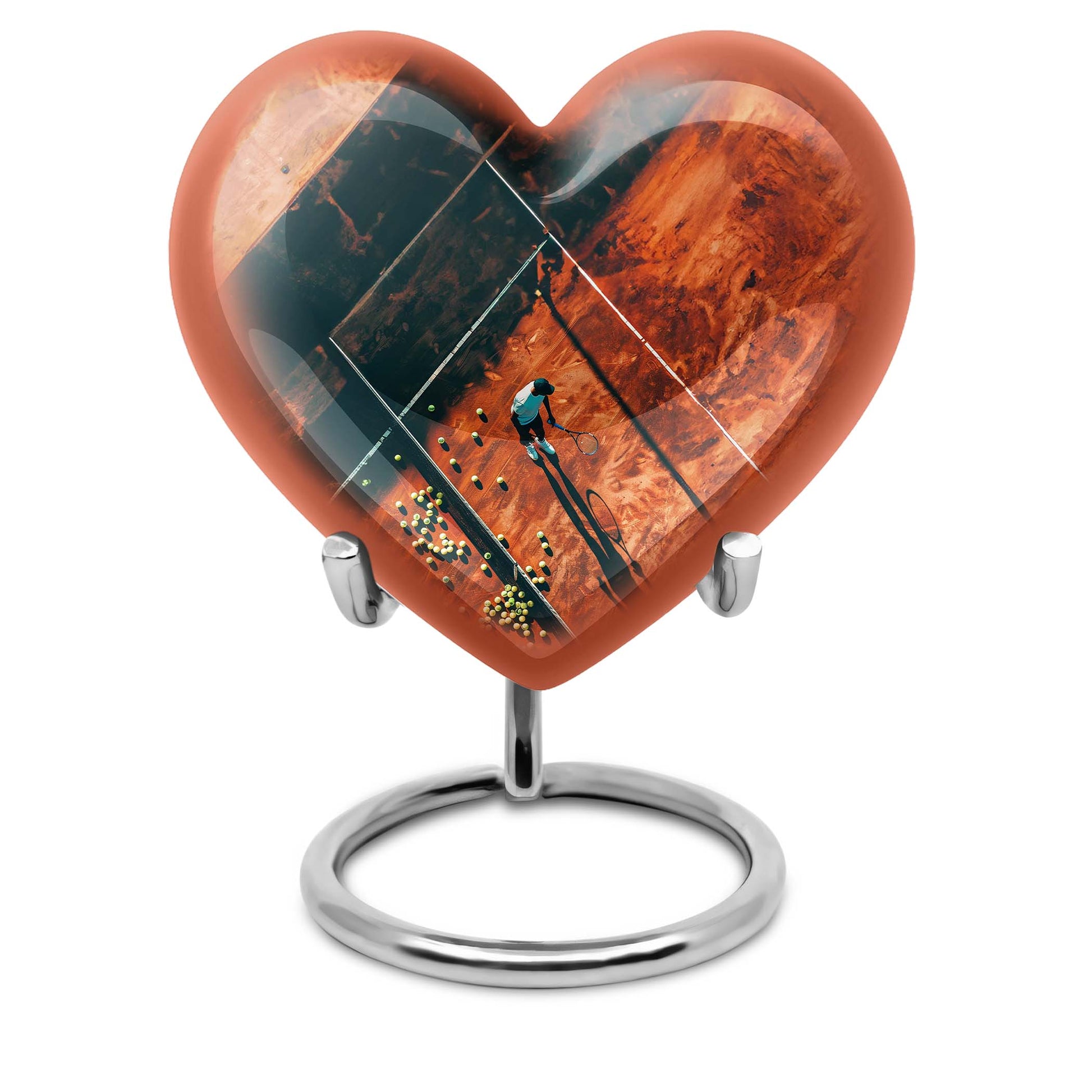 10-inch Purple Meadow themed Heart Tennis Urn for human cremation, includes velvet pouch