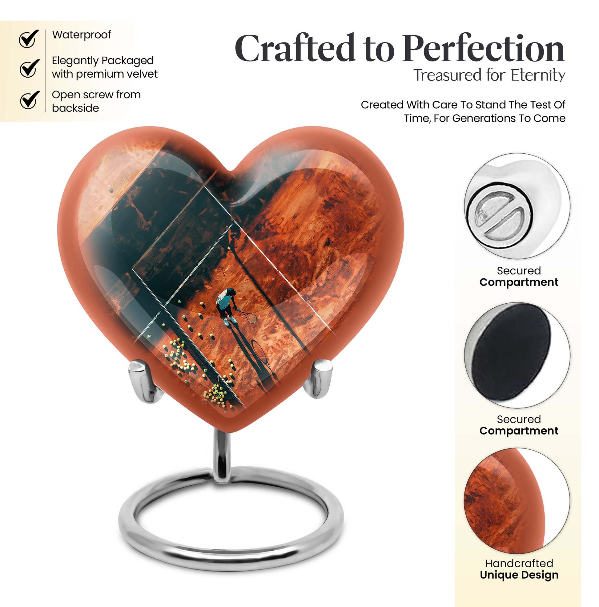 10-inch Purple Meadow themed Heart Tennis Urn for human cremation, includes velvet pouch