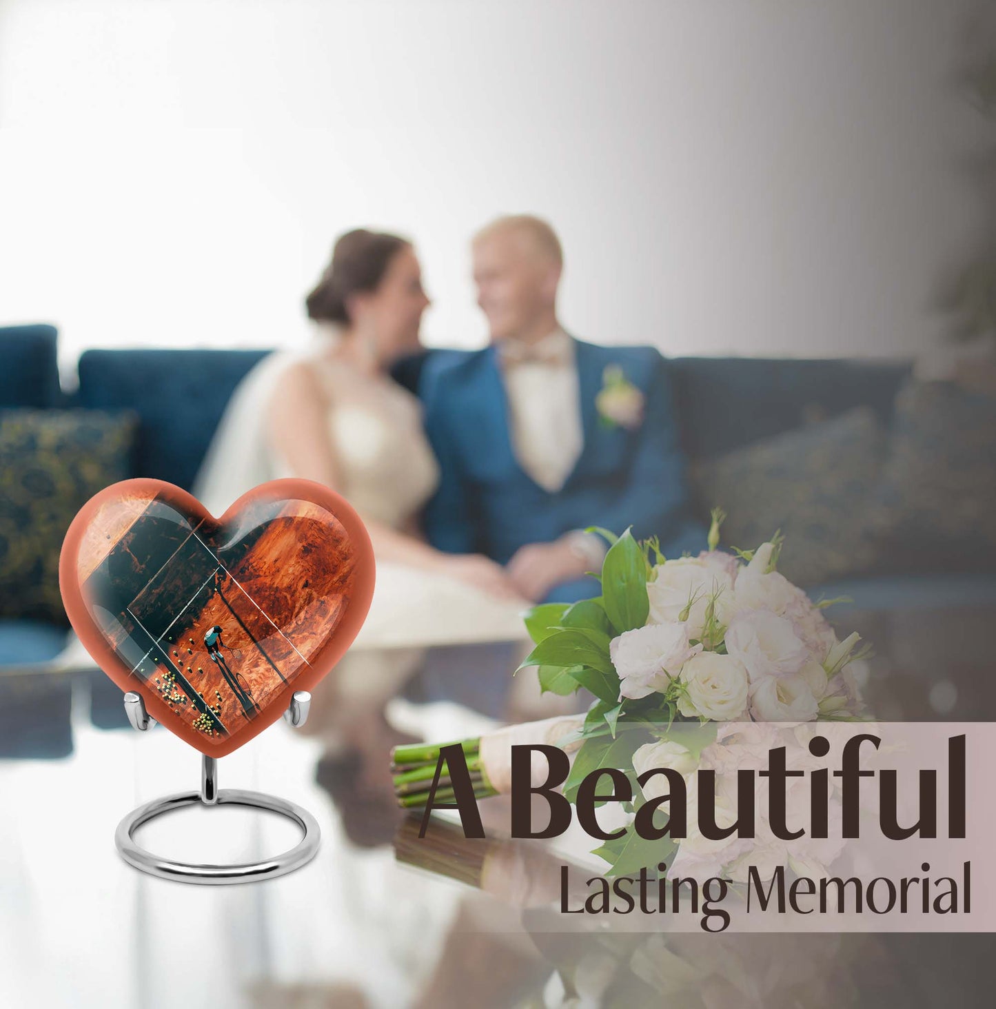 10-inch Purple Meadow themed Heart Tennis Urn for human cremation, includes velvet pouch