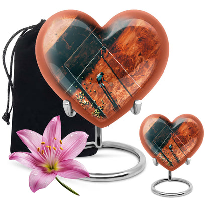 10-inch Purple Meadow themed Heart Tennis Urn for human cremation, includes velvet pouch