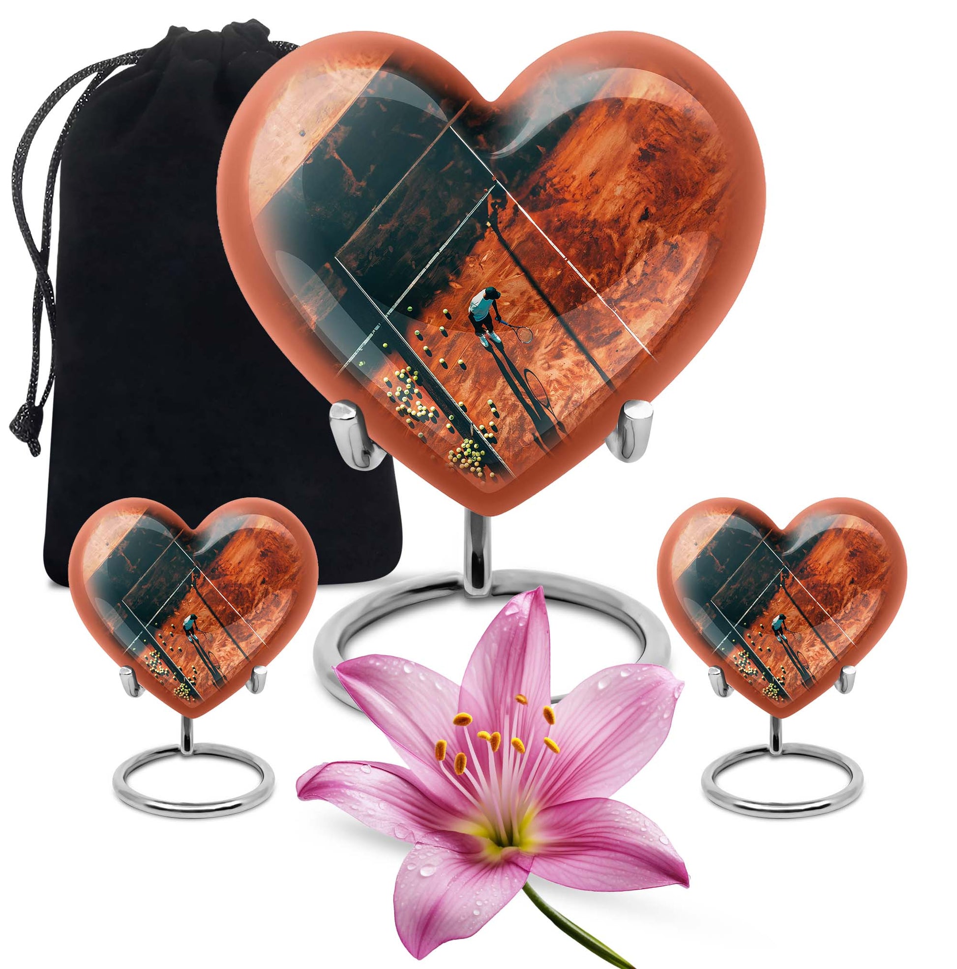 10-inch Purple Meadow themed Heart Tennis Urn for human cremation, includes velvet pouch