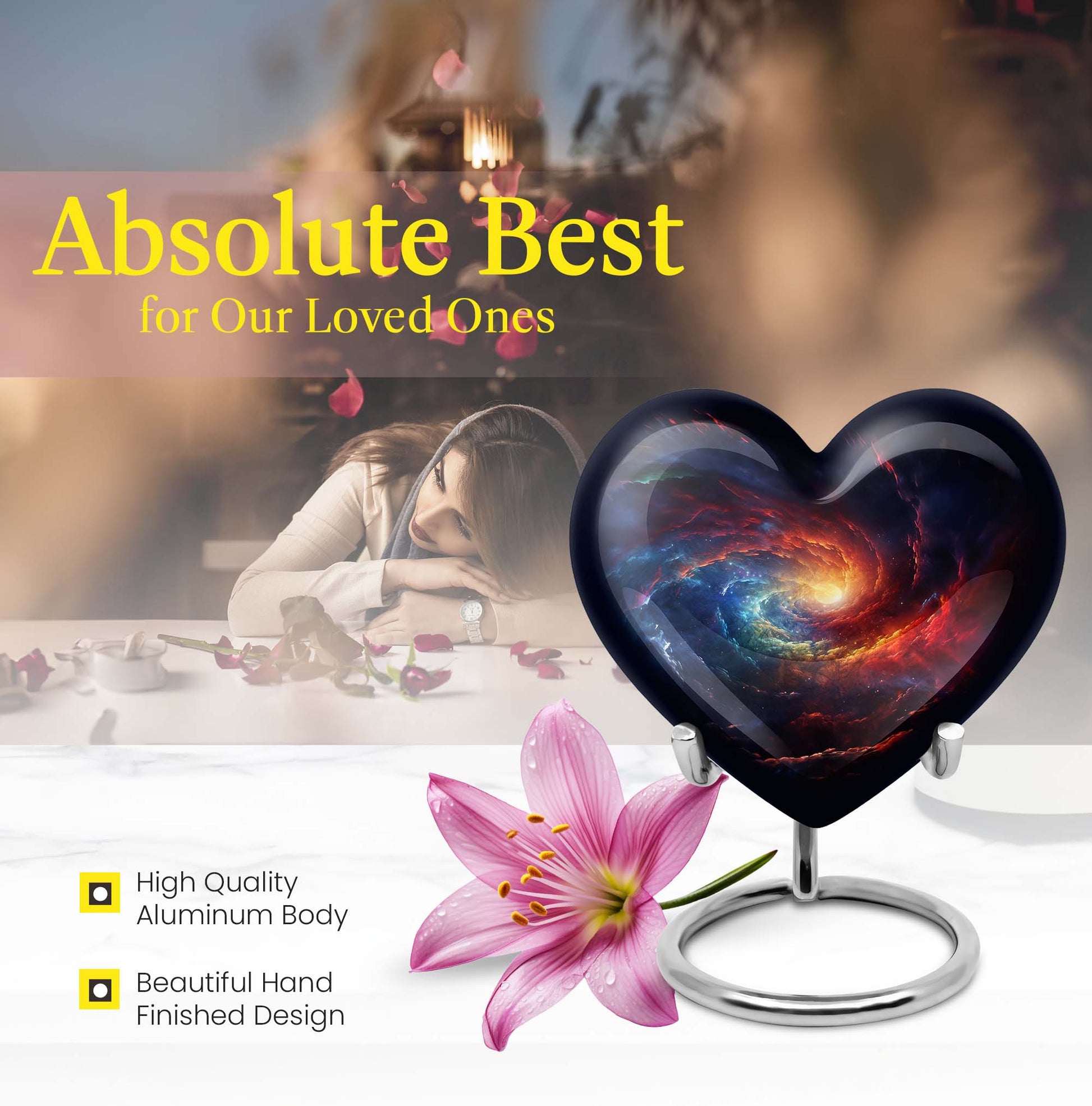 10-inch Galaxy Urn, heart-shaped burial custom urn in Purple Meadow theme
