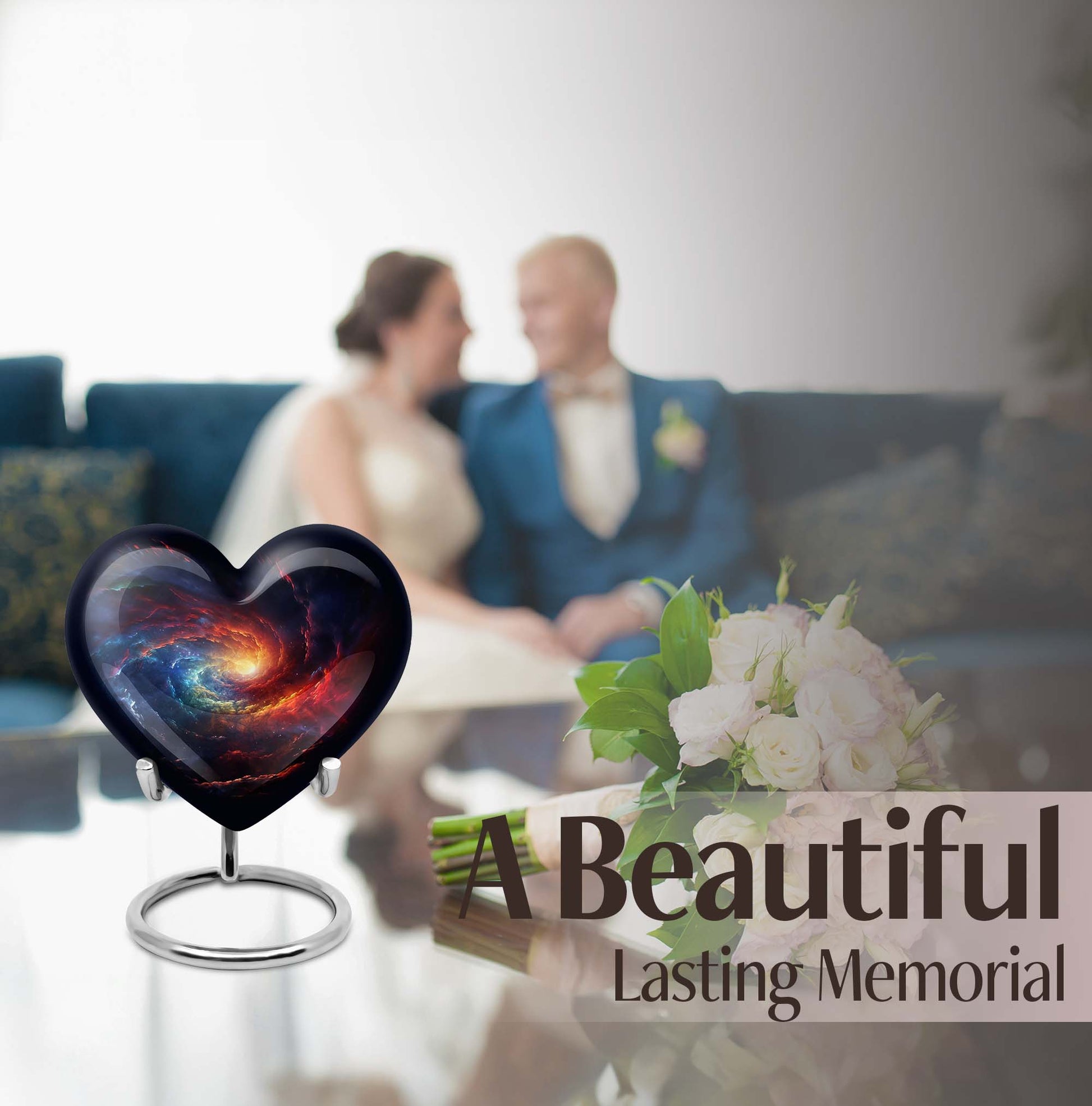 10-inch Galaxy Urn, heart-shaped burial custom urn in Purple Meadow theme