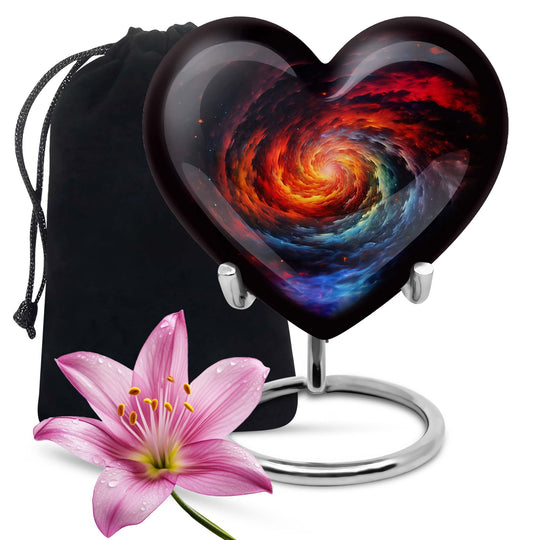Heart-shaped Glaaxy Urn in Purple Meadow theme for adult ashes, customizable