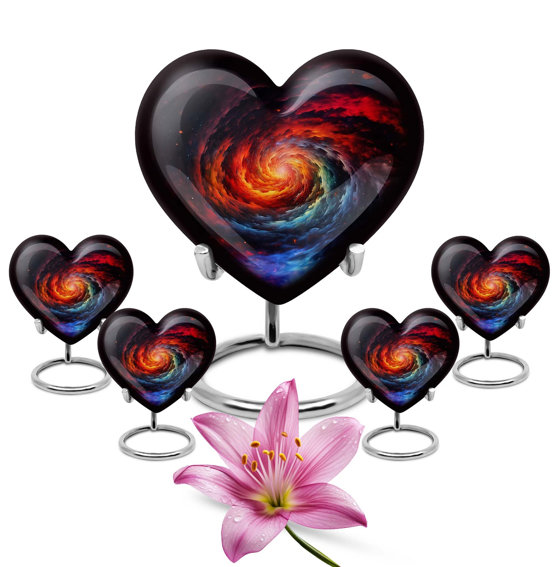 Heart-shaped Glaaxy Urn in Purple Meadow theme for adult ashes, customizable