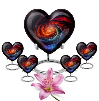 Heart-shaped Glaaxy Urn in Purple Meadow theme for adult ashes, customizable