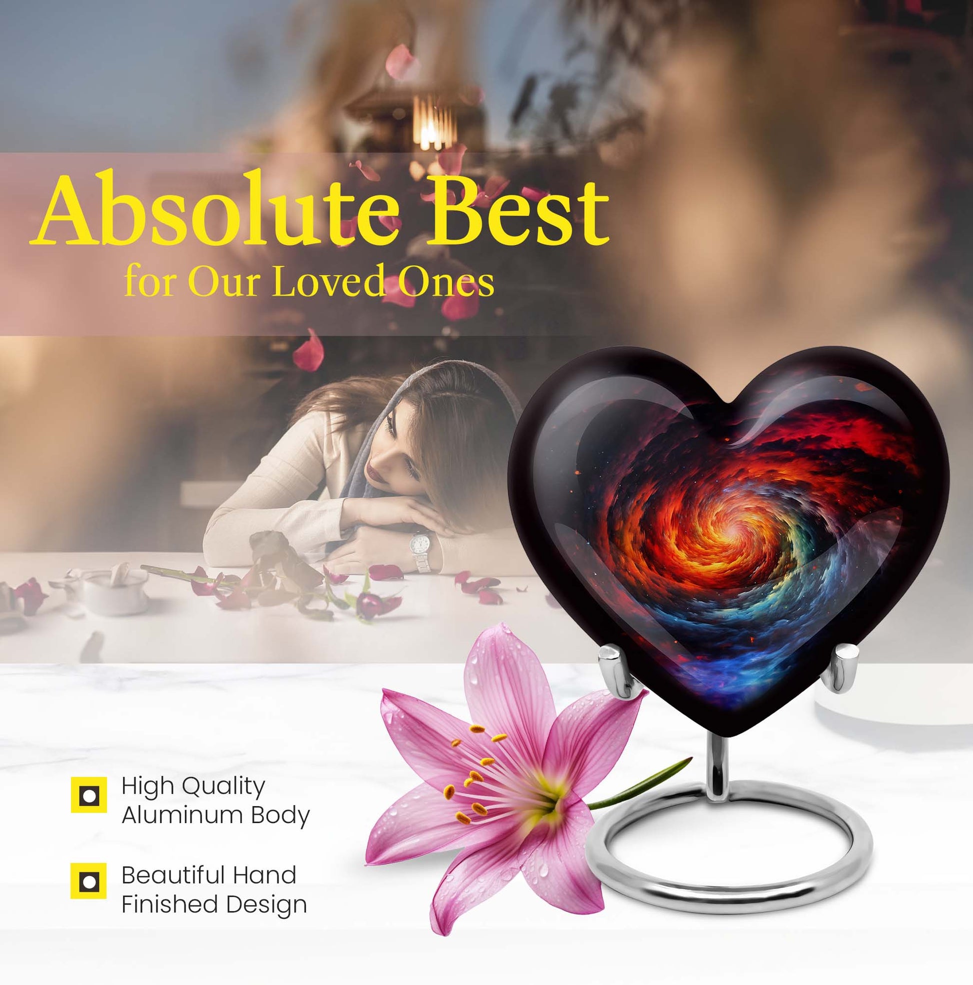 Heart-shaped Glaaxy Urn in Purple Meadow theme for adult ashes, customizable