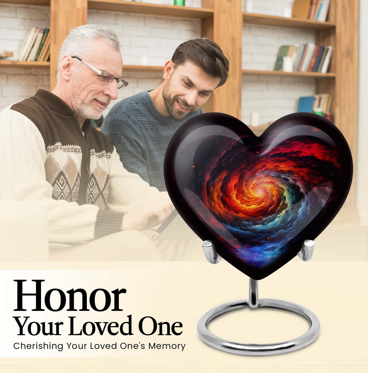 Heart-shaped Glaaxy Urn in Purple Meadow theme for adult ashes, customizable