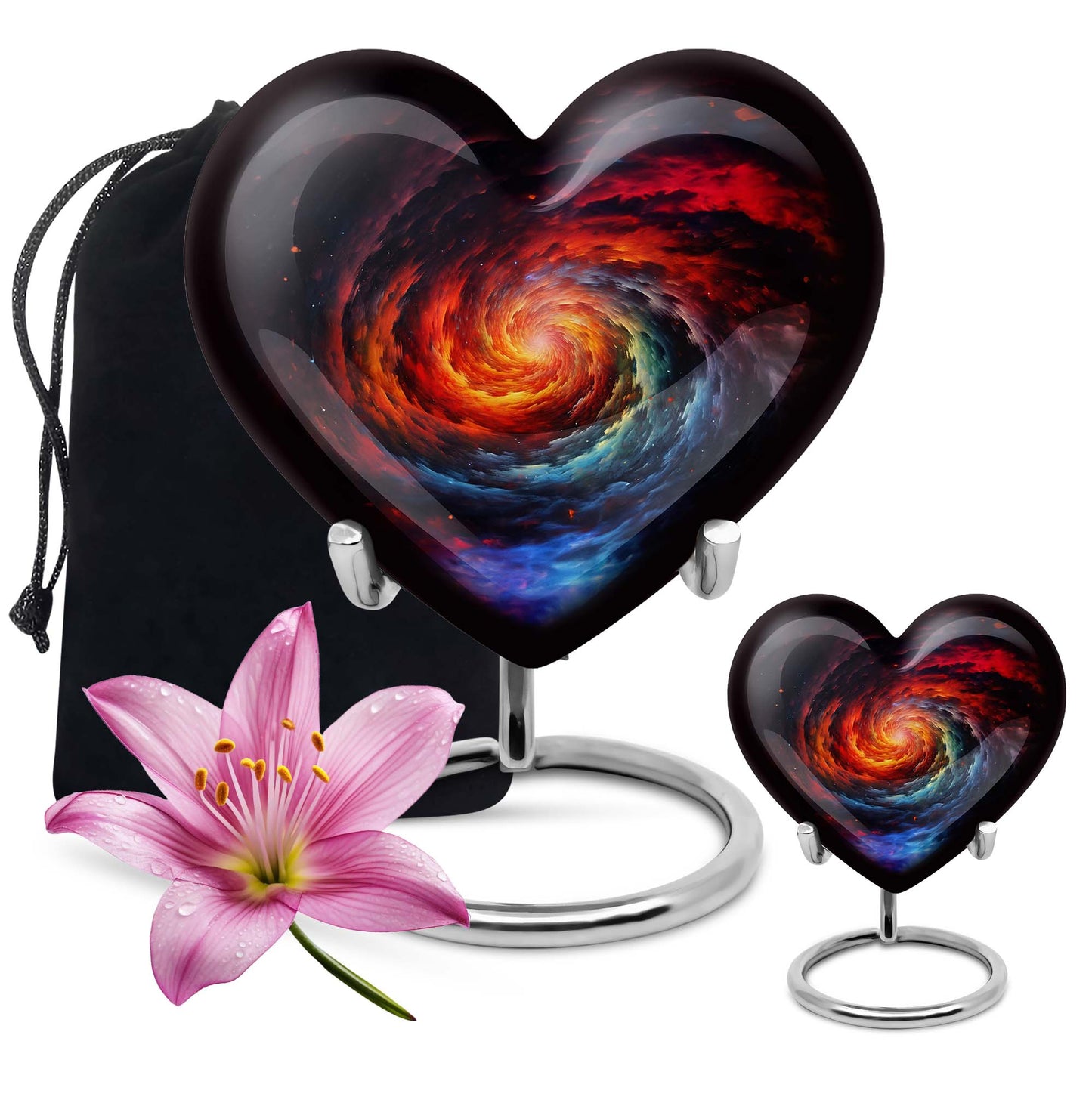 Heart-shaped Glaaxy Urn in Purple Meadow theme for adult ashes, customizable