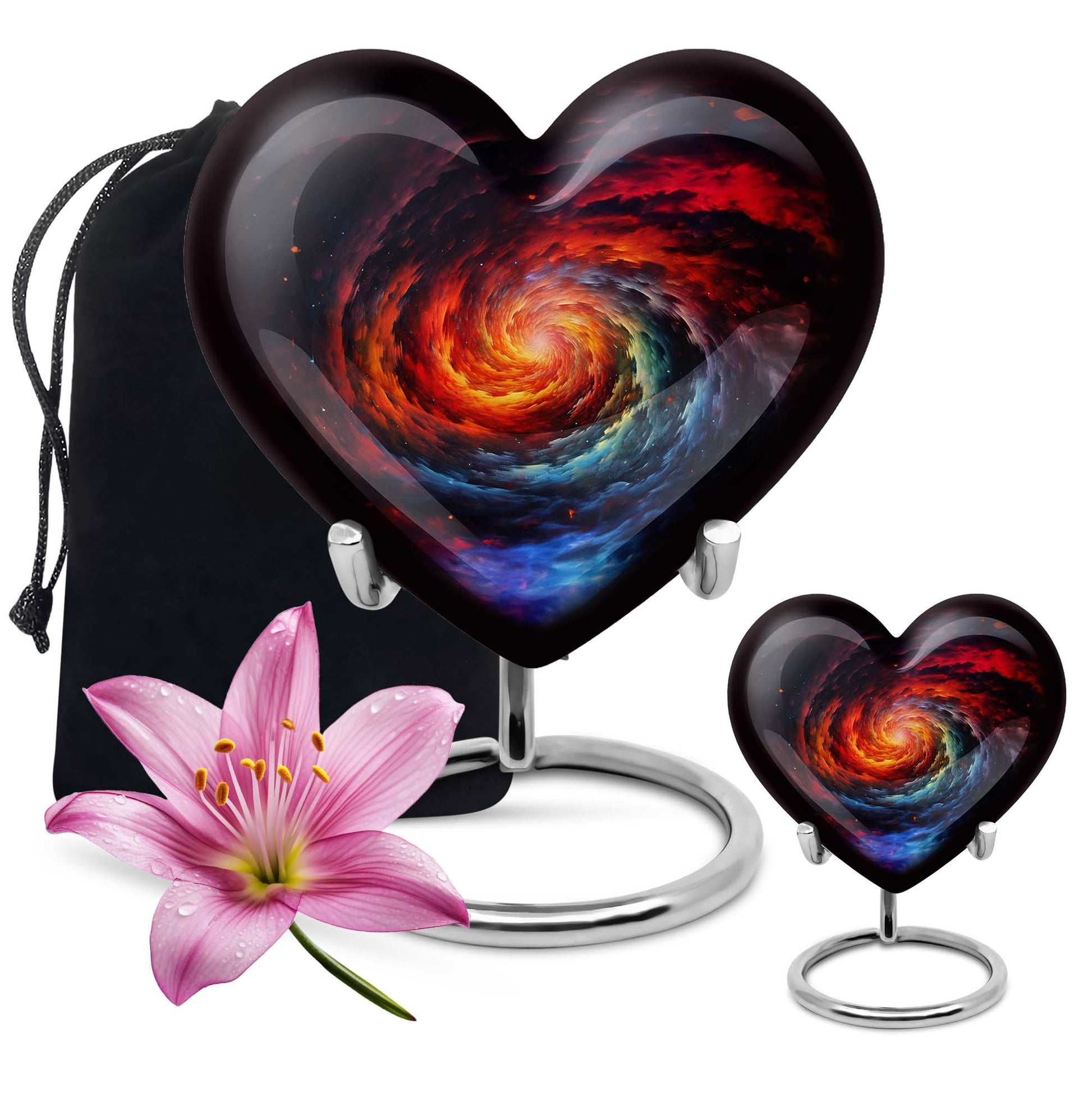 Heart-shaped Glaaxy Urn in Purple Meadow theme for adult ashes, customizable
