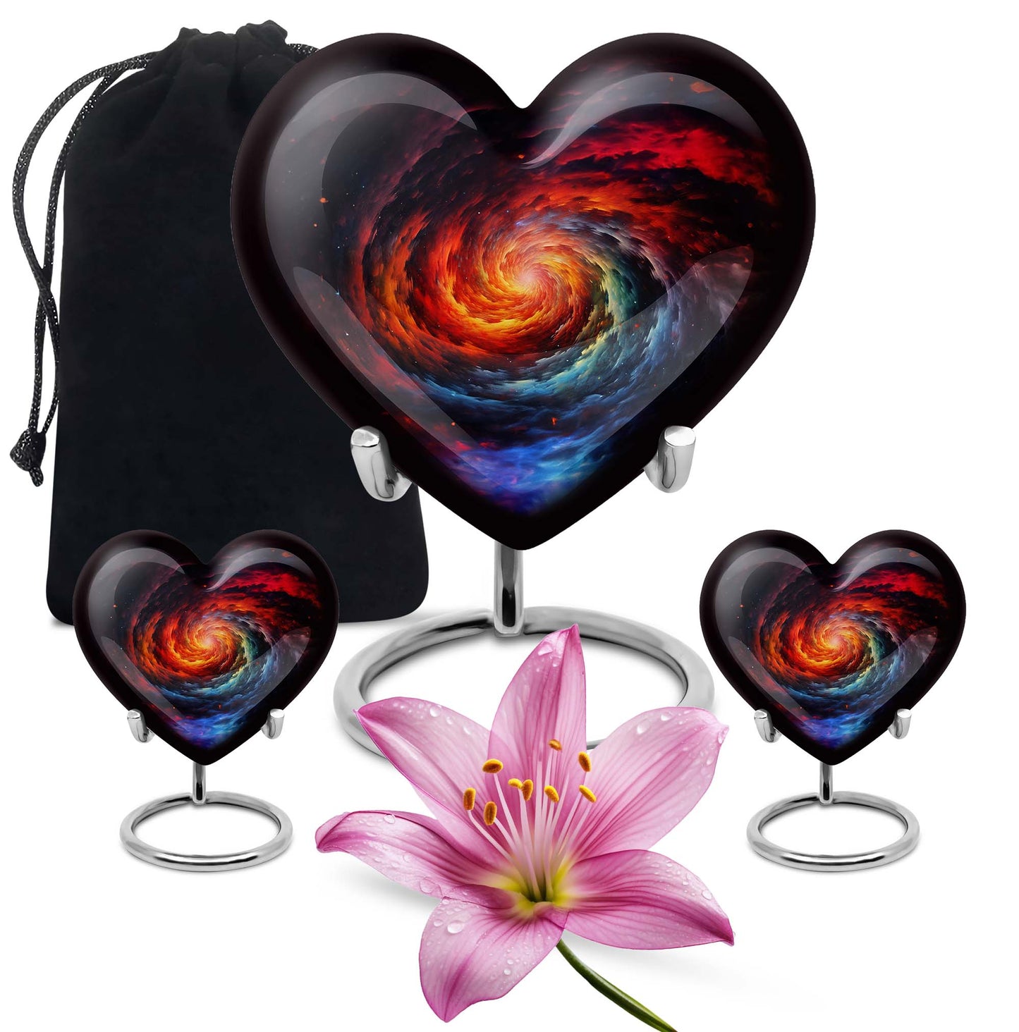 Heart-shaped Glaaxy Urn in Purple Meadow theme for adult ashes, customizable