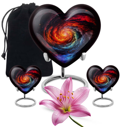 Heart-shaped Glaaxy Urn in Purple Meadow theme for adult ashes, customizable