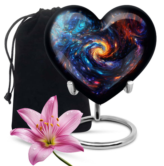 Heart-shaped glaaxy urn in Purple Meadow available with velvet pouch, perfect urns for cremation ashes