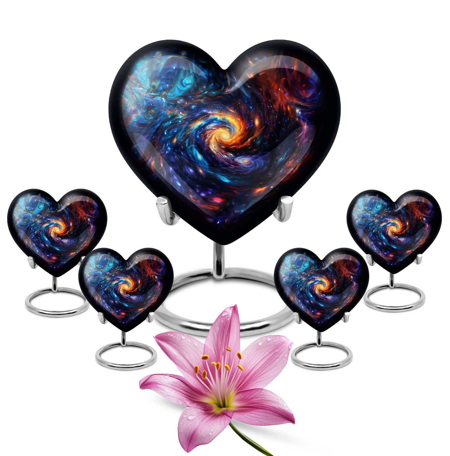Heart-shaped glaaxy urn in Purple Meadow available with velvet pouch, perfect urns for cremation ashes