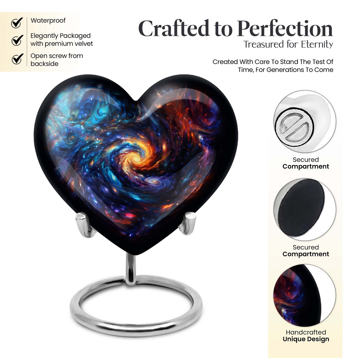 Heart-shaped glaaxy urn in Purple Meadow available with velvet pouch, perfect urns for cremation ashes