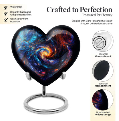 Heart-shaped glaaxy urn in Purple Meadow available with velvet pouch, perfect urns for cremation ashes