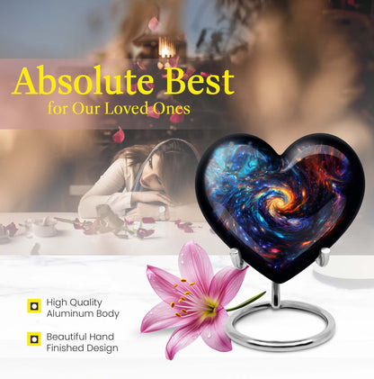 Heart-shaped glaaxy urn in Purple Meadow available with velvet pouch, perfect urns for cremation ashes