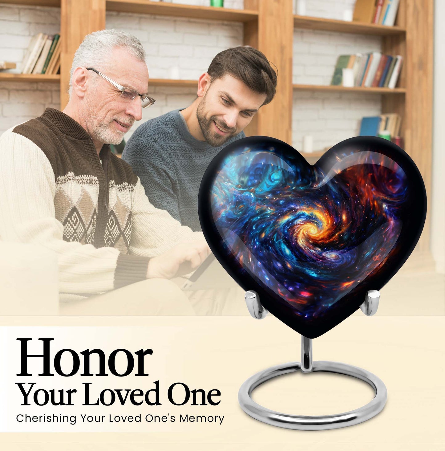 Heart-shaped glaaxy urn in Purple Meadow available with velvet pouch, perfect urns for cremation ashes