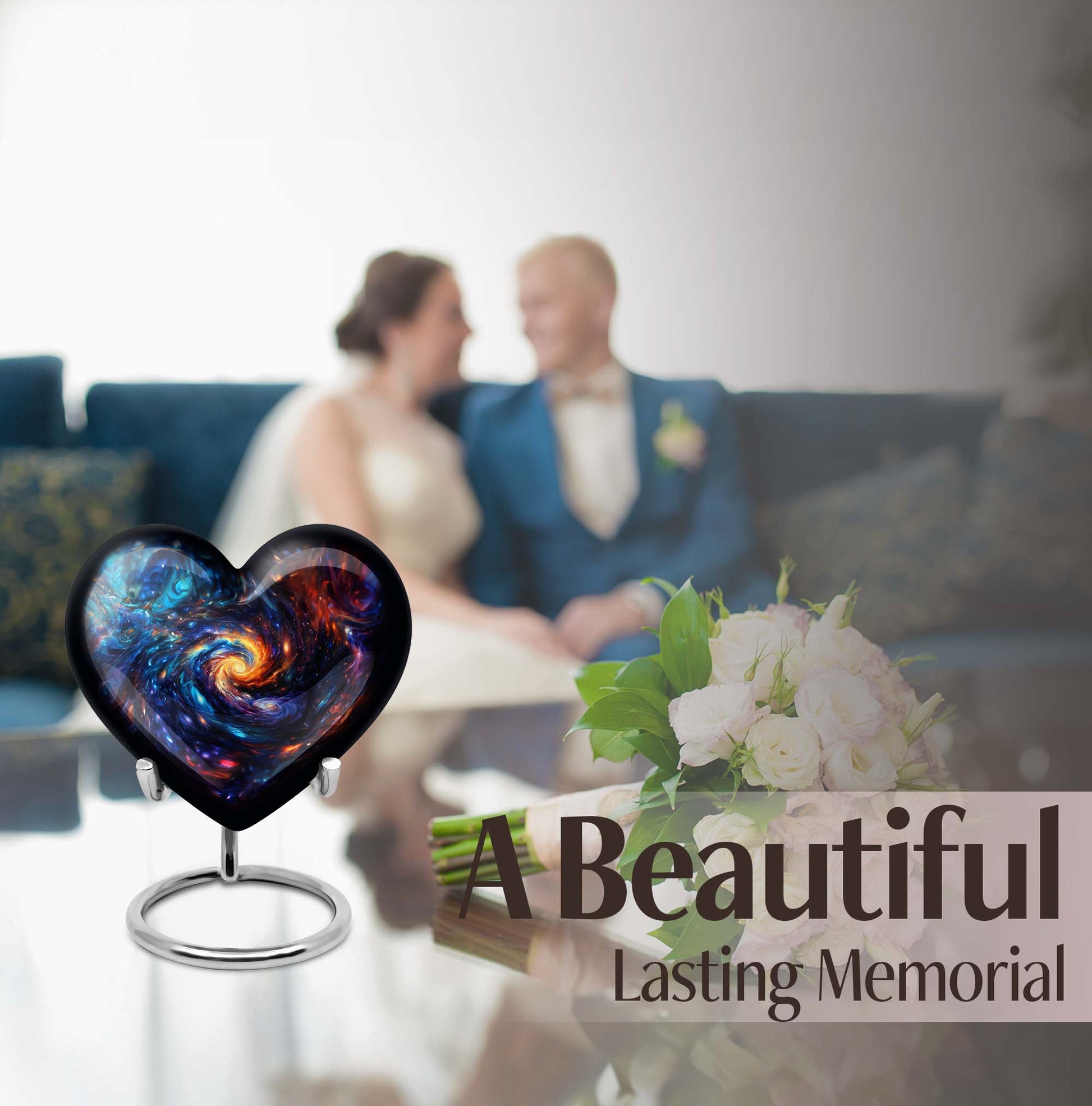 Heart-shaped glaaxy urn in Purple Meadow available with velvet pouch, perfect urns for cremation ashes