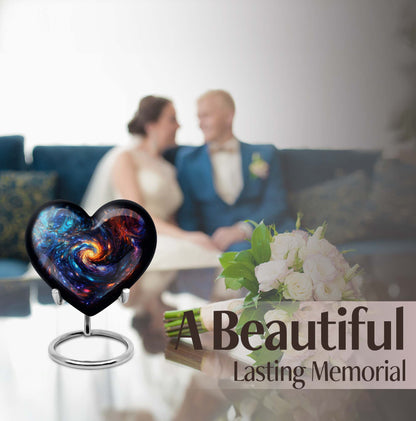 Heart-shaped glaaxy urn in Purple Meadow available with velvet pouch, perfect urns for cremation ashes