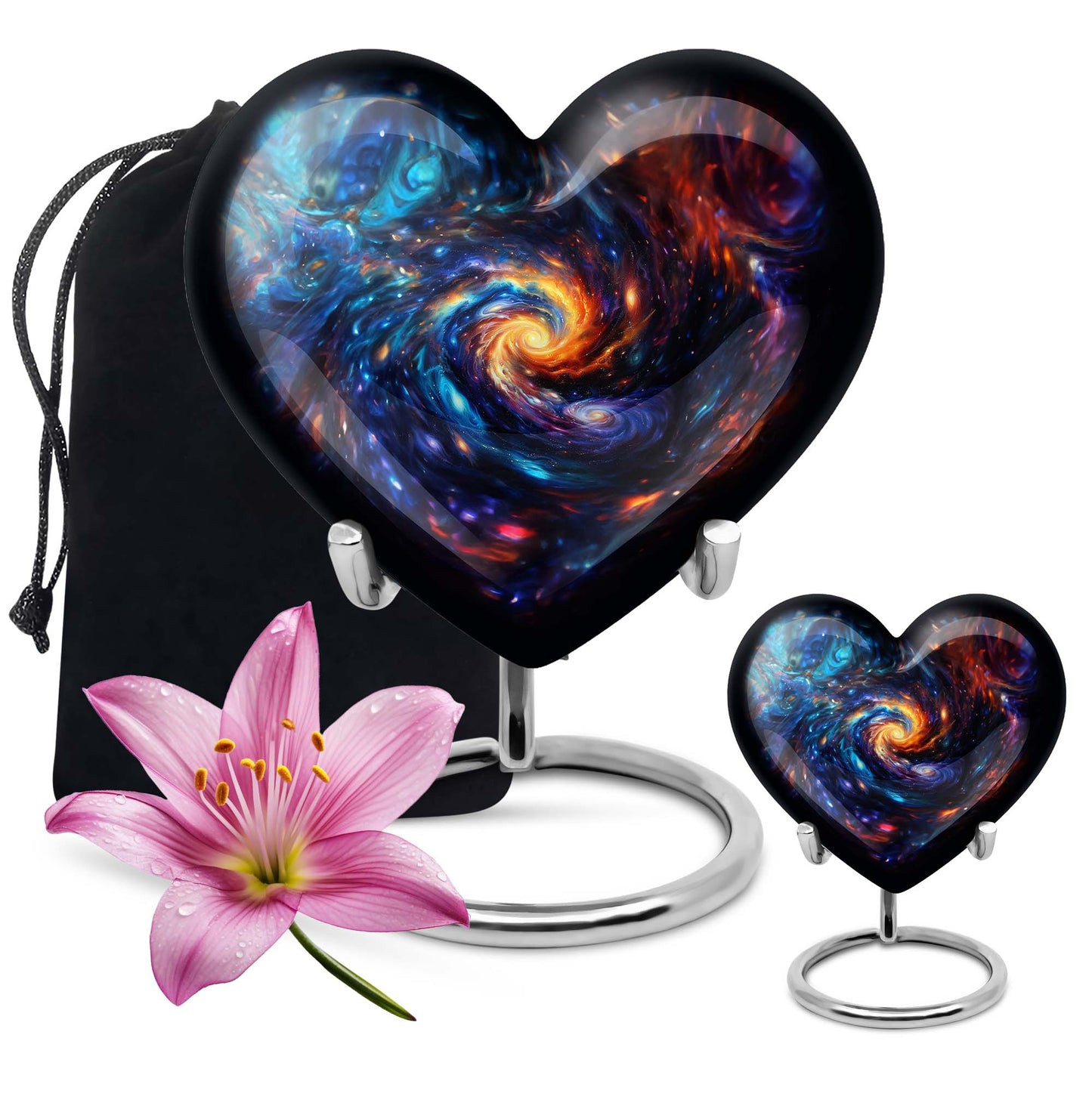 Heart-shaped glaaxy urn in Purple Meadow available with velvet pouch, perfect urns for cremation ashes