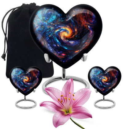 Heart-shaped glaaxy urn in Purple Meadow available with velvet pouch, perfect urns for cremation ashes