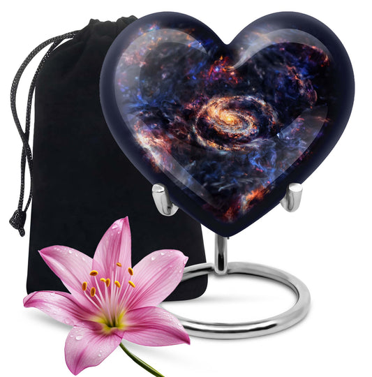 Heart-shaped Glaaxy Urn in Purple Meadow theme for women's cremation, large Aluminium Funeral Urn