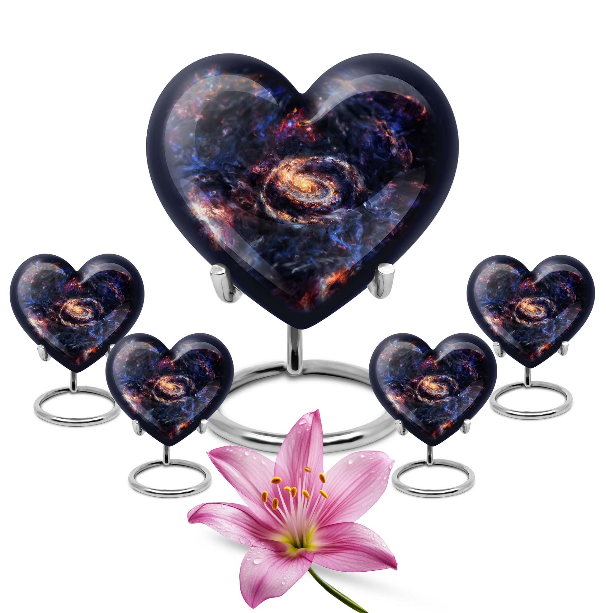 Heart-shaped Glaaxy Urn in Purple Meadow theme for women's cremation, large Aluminium Funeral Urn