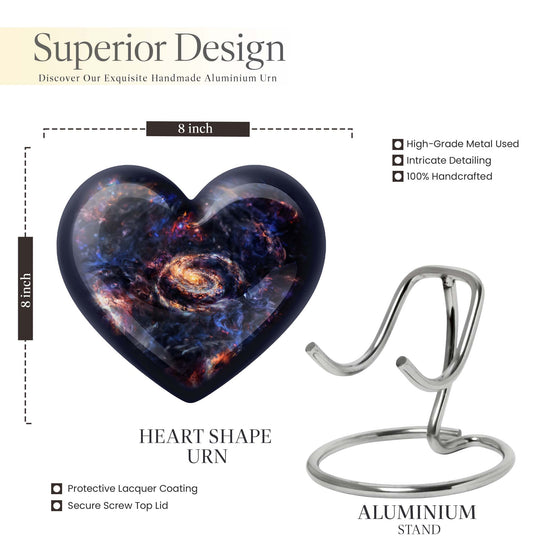 Heart-shaped Glaaxy Urn in Purple Meadow theme for women's cremation, large Aluminium Funeral Urn