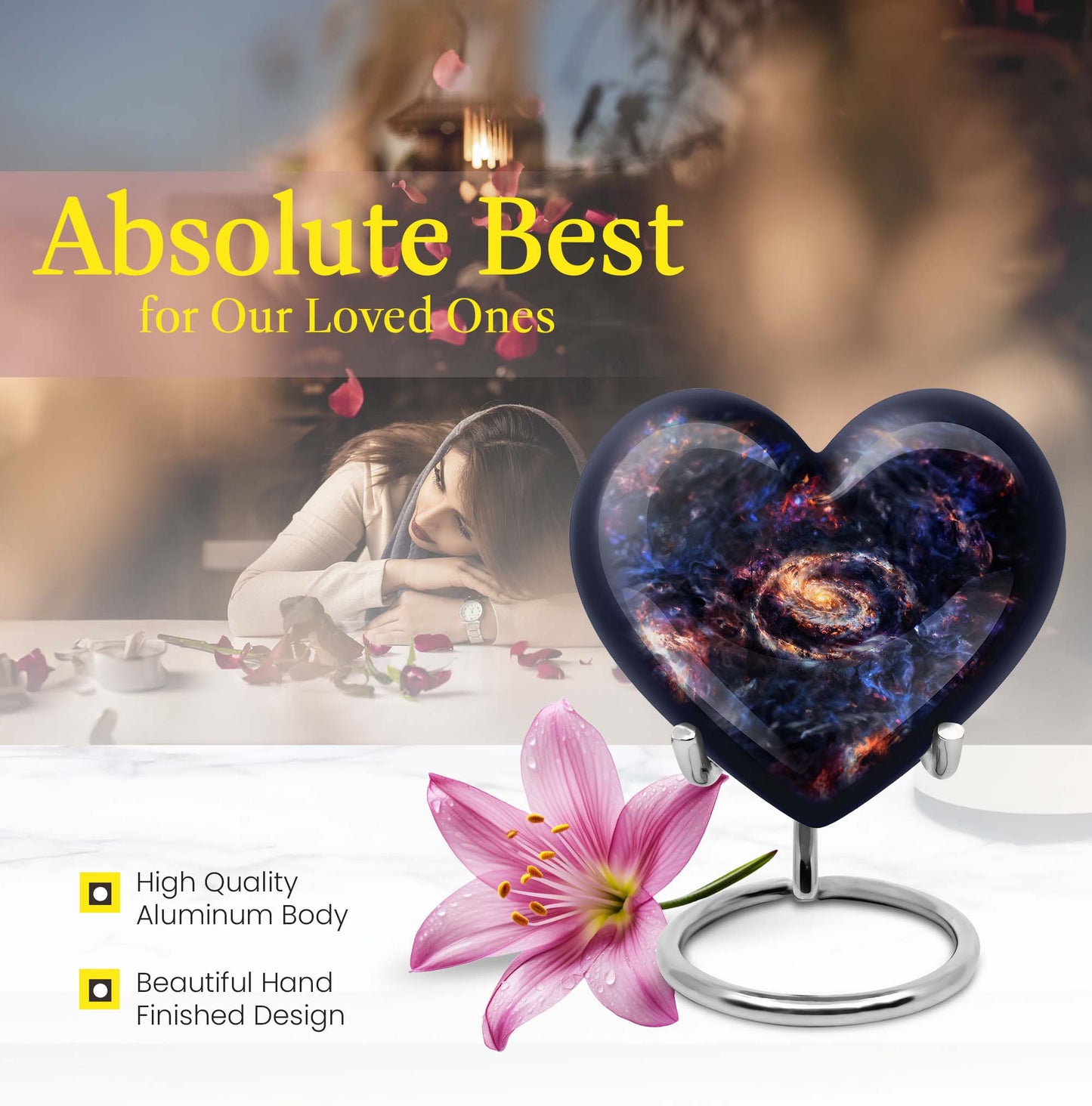Heart-shaped Glaaxy Urn in Purple Meadow theme for women's cremation, large Aluminium Funeral Urn