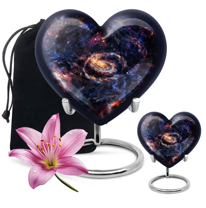 Heart-shaped Glaaxy Urn in Purple Meadow theme for women's cremation, large Aluminium Funeral Urn