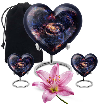 Heart-shaped Glaaxy Urn in Purple Meadow theme for women's cremation, large Aluminium Funeral Urn