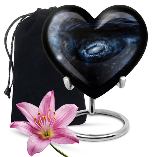 10-inch Glaaxy Heart Urn for cremation ashes in Purple Meadow theme