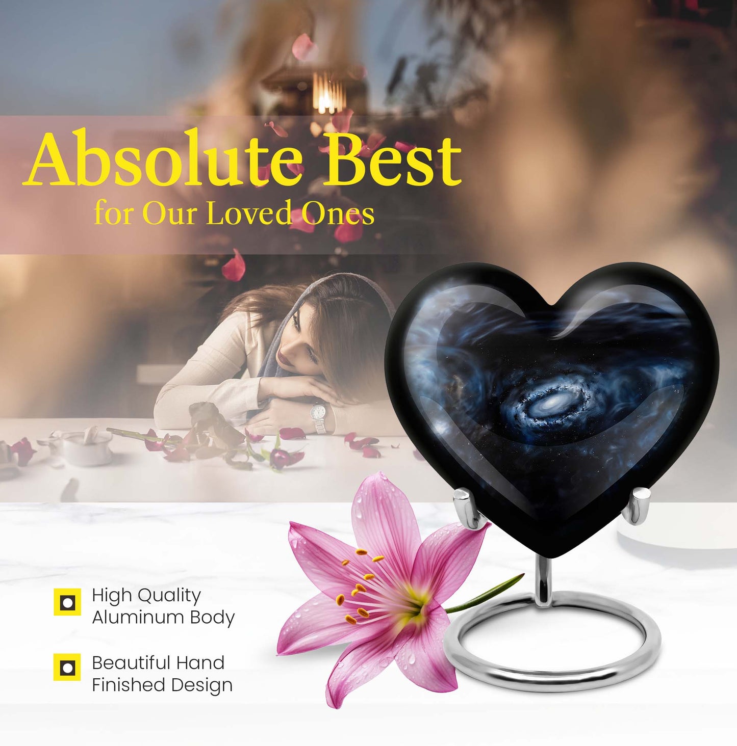 10-inch Glaaxy Heart Urn for cremation ashes in Purple Meadow theme