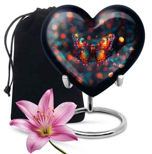 Heart-shaped Butterfly Urn for adult female ashes, customizable, with a Wolf Howling theme