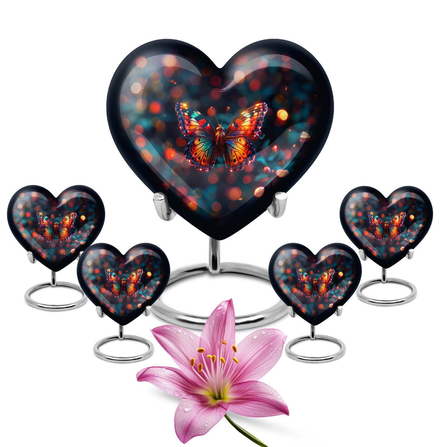 Heart-shaped Butterfly Urn for adult female ashes, customizable, with a Wolf Howling theme