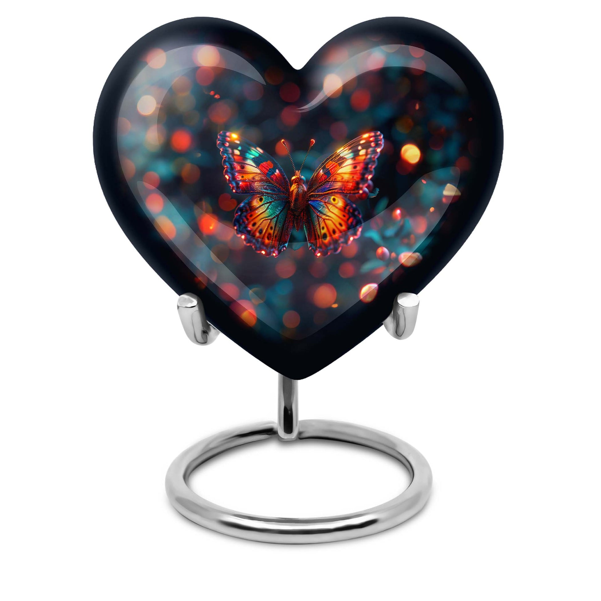 Heart-shaped Butterfly Urn for adult female ashes, customizable, with a Wolf Howling theme