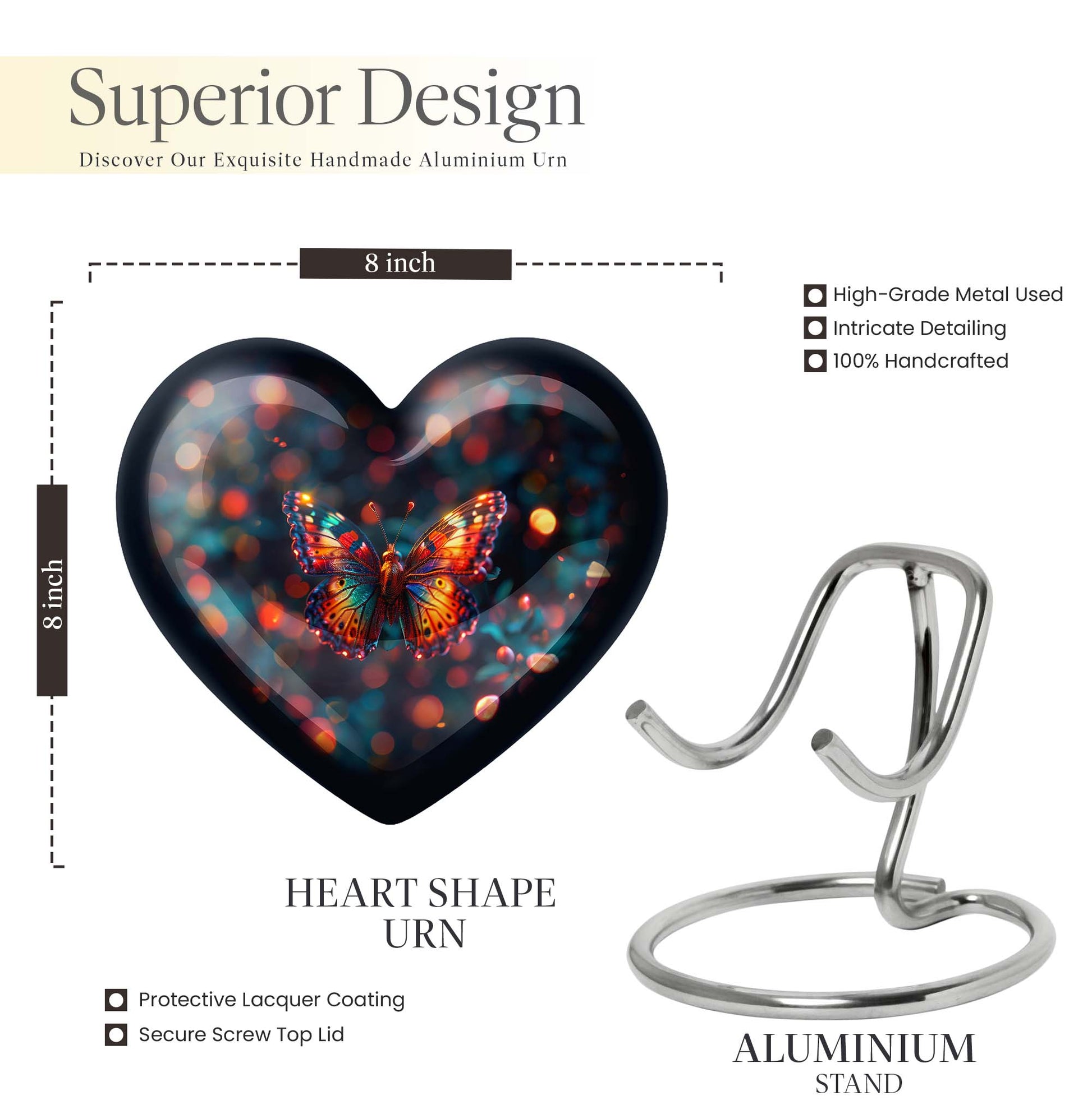 Heart-shaped Butterfly Urn for adult female ashes, customizable, with a Wolf Howling theme