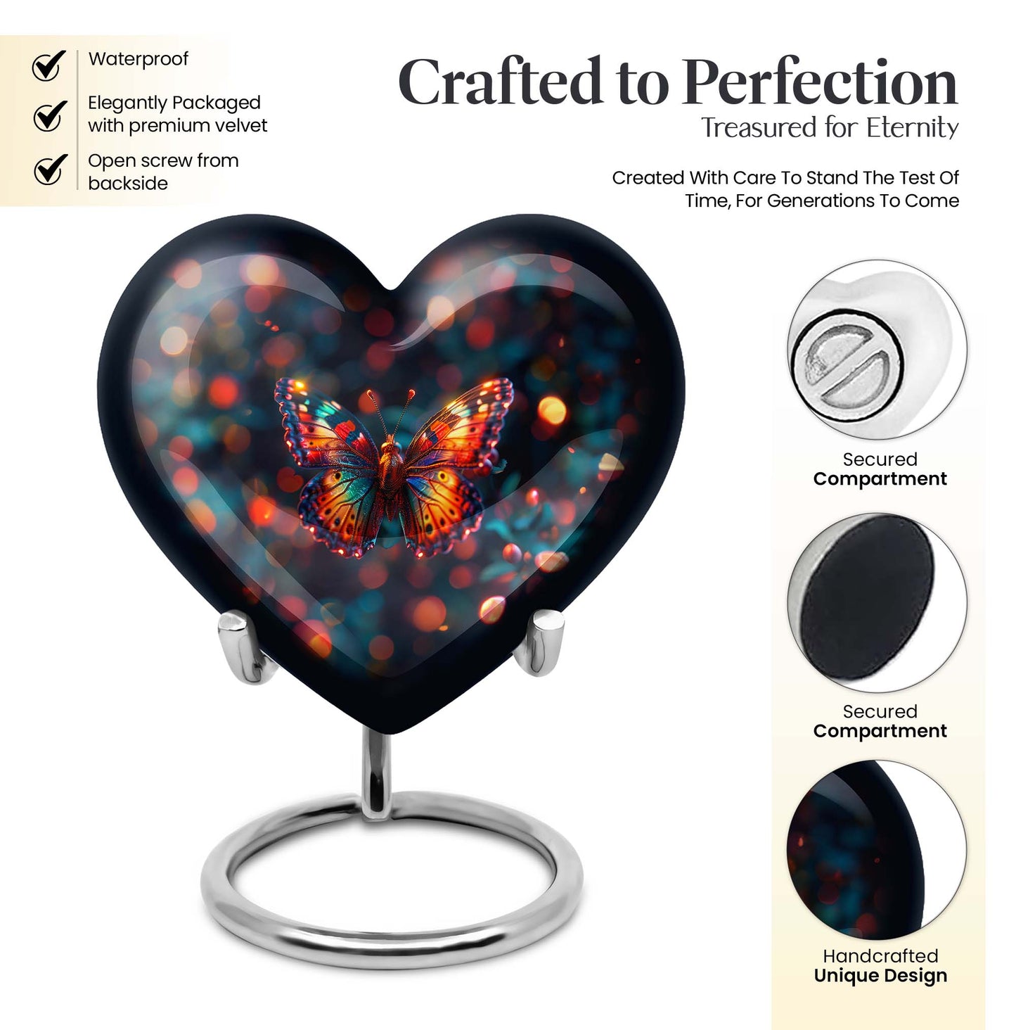 Heart-shaped Butterfly Urn for adult female ashes, customizable, with a Wolf Howling theme