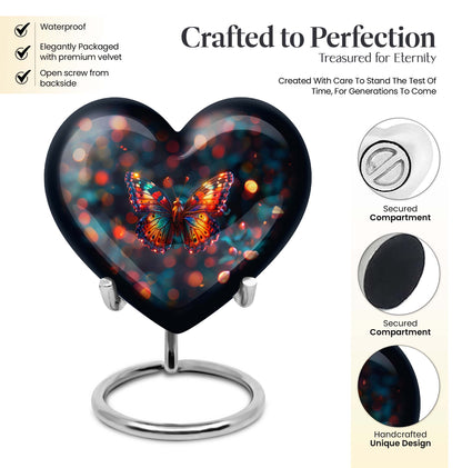 Heart-shaped Butterfly Urn for adult female ashes, customizable, with a Wolf Howling theme