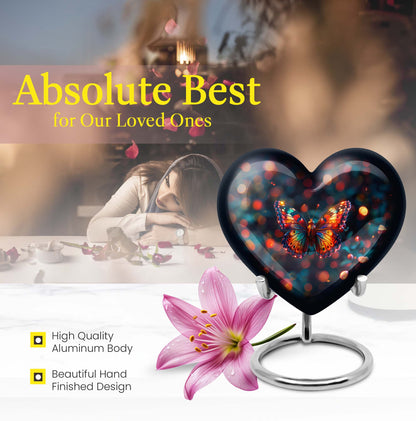 Heart-shaped Butterfly Urn for adult female ashes, customizable, with a Wolf Howling theme
